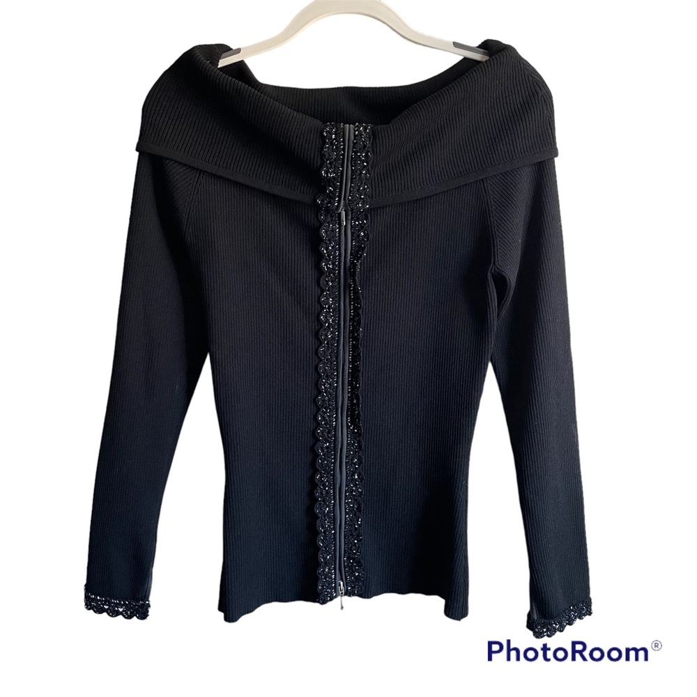 Vintage Cache’ beaded zip women’s fitted sweater. Black, Large.